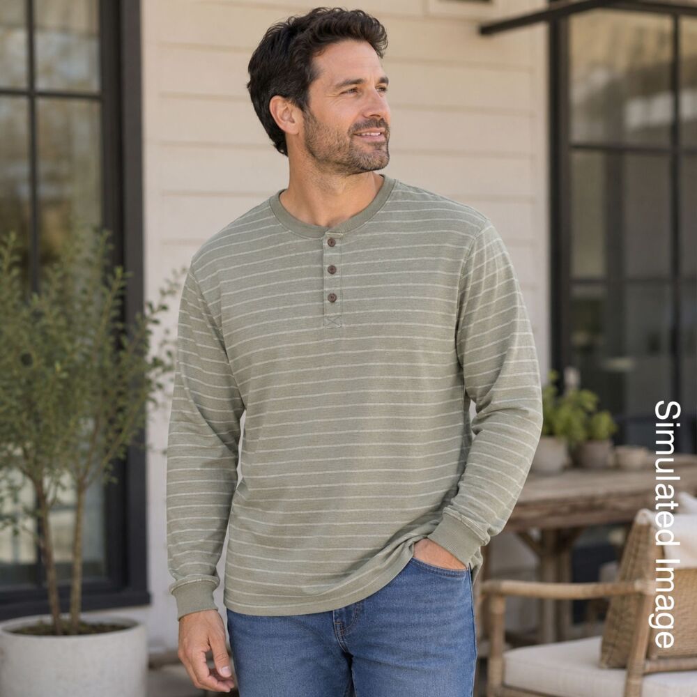 Marine Layer Mens XL Double Knit Henley Shirt Olive Striped Long Sleeve